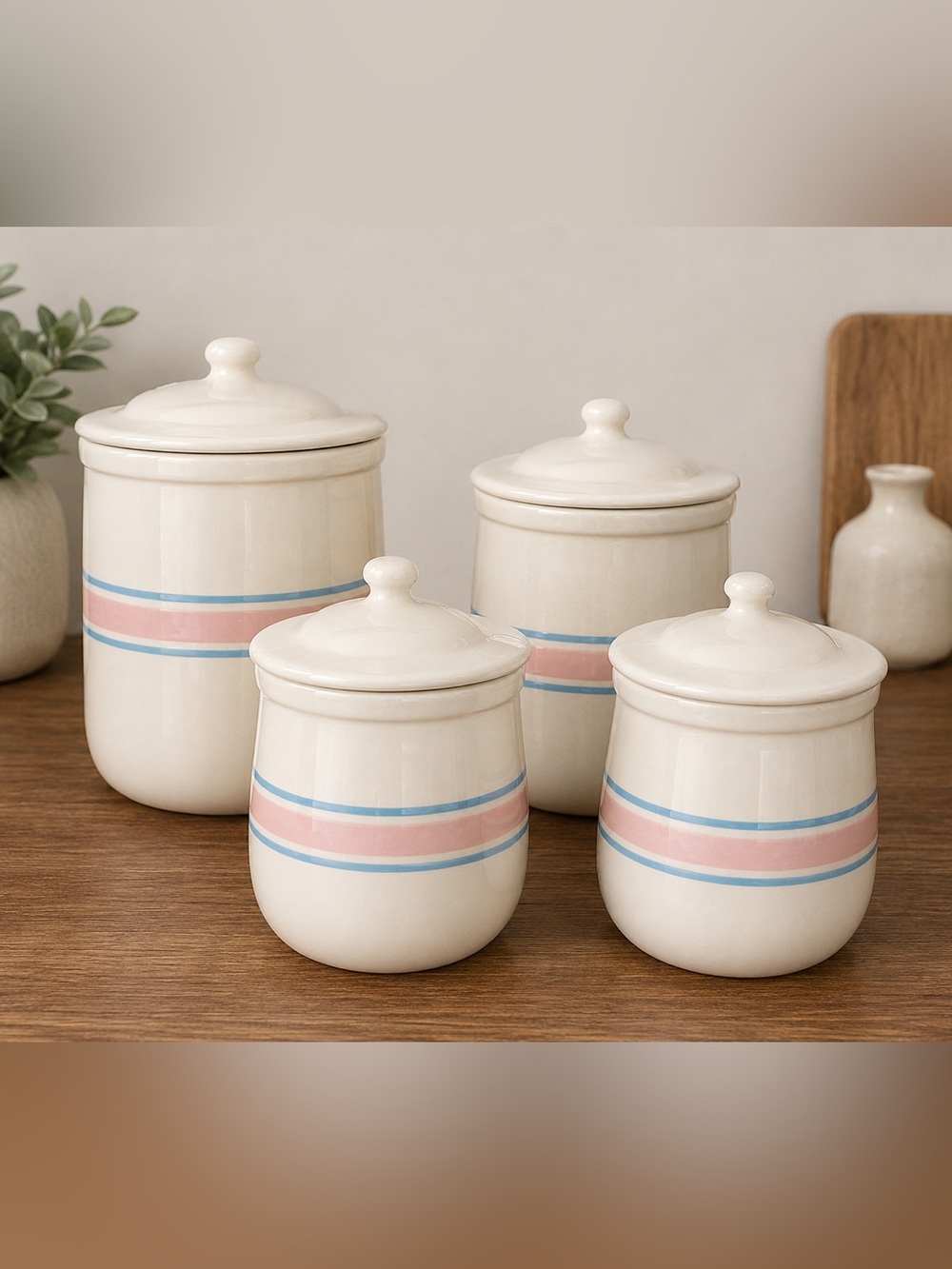 4 Vtg Mccoy Ceramic Canister Set in Cream with Pink and Blue Stripes